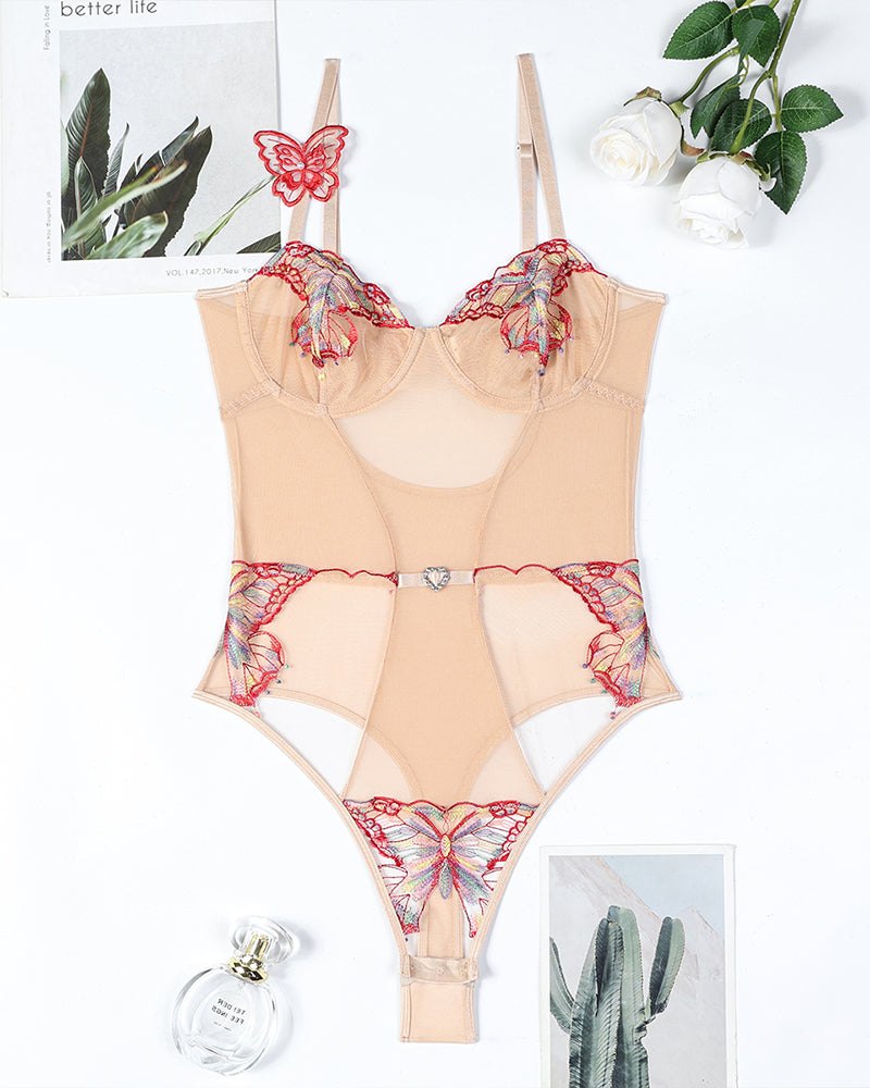3D Butterfly Embroidered Bodysuit - Lingerie Bodysuit for Women
