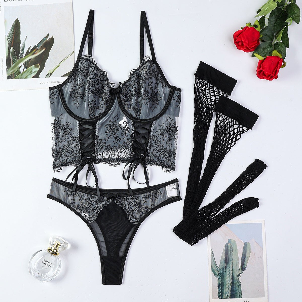 3D Embroidery Lace-Up Corset Set - Bra and Panty Set