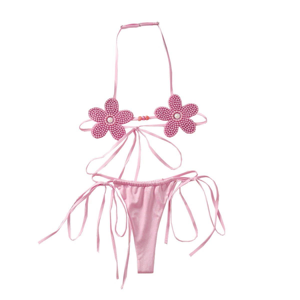 3D Flower Pearl Halter Bra Set - Lingerie Set for Women