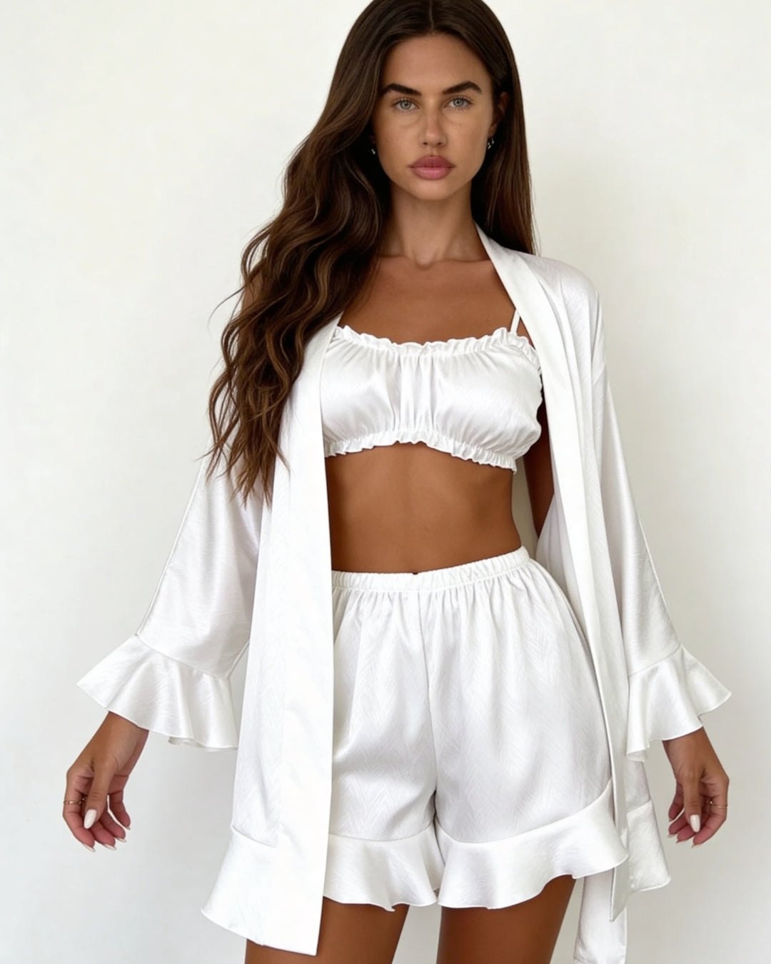 Anya Ruffle Satin Pajama Set - 3-Piece Satin Pajama Set