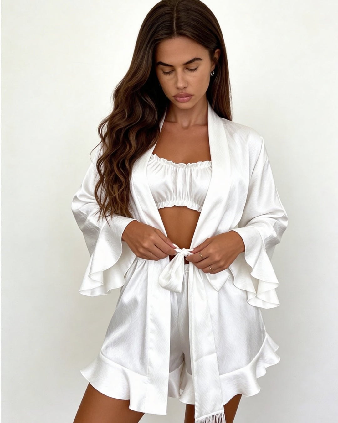 Anya Ruffle Satin Pajama Set - 3-Piece Satin Pajama Set
