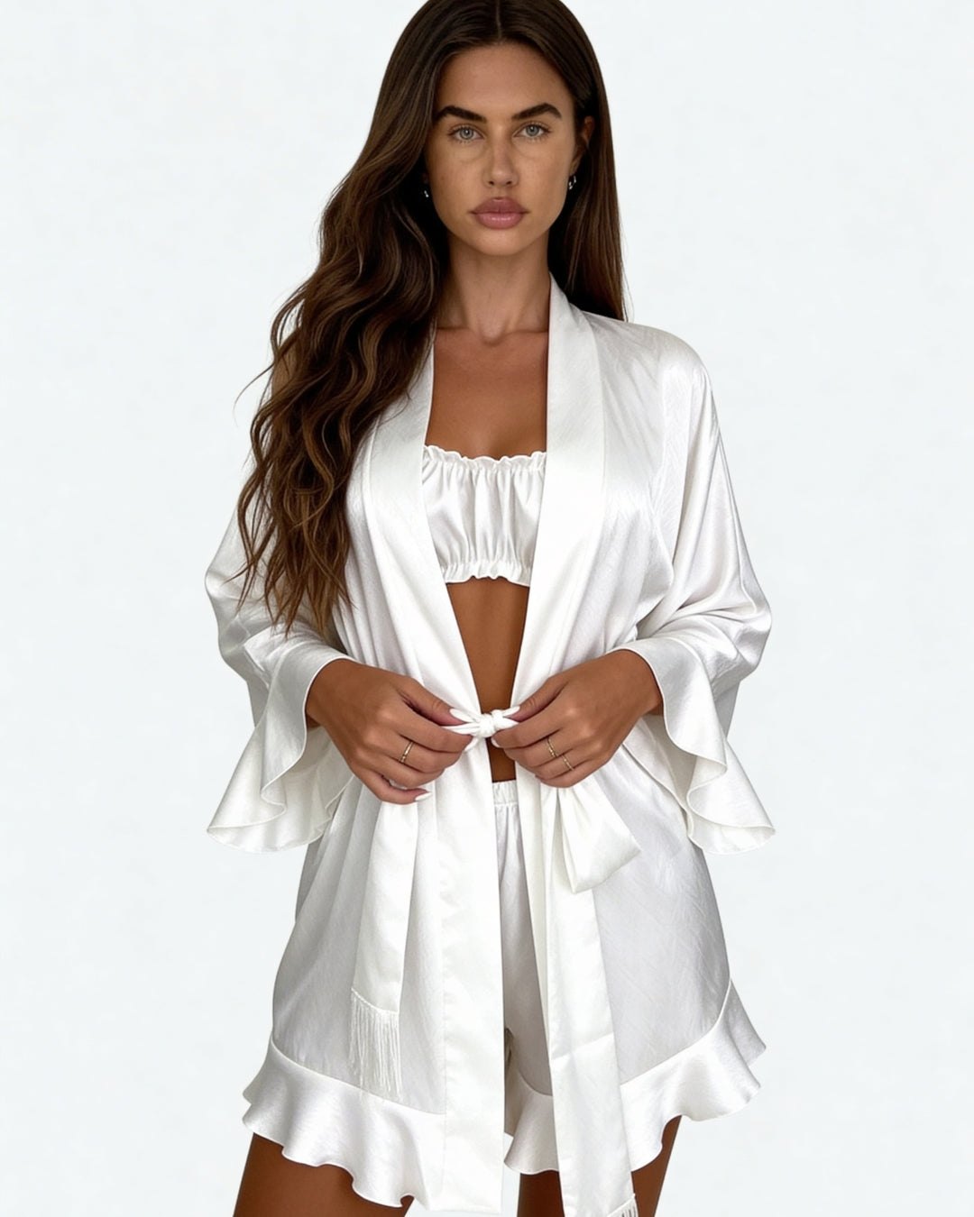 Anya Ruffle Satin Pajama Set - 3-Piece Satin Pajama Set