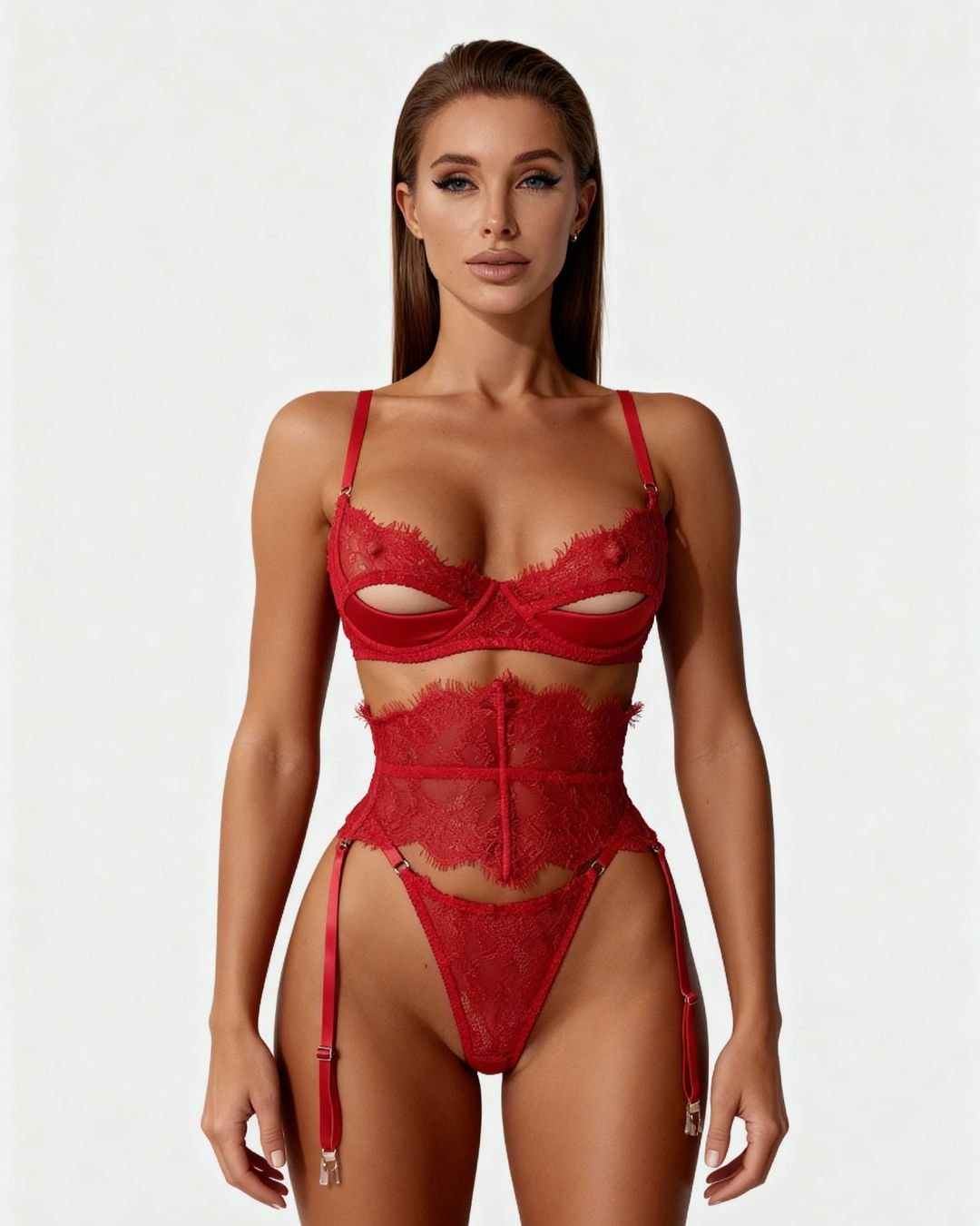 Arabella Red Lace Garter Set - Garter Lingerie Set