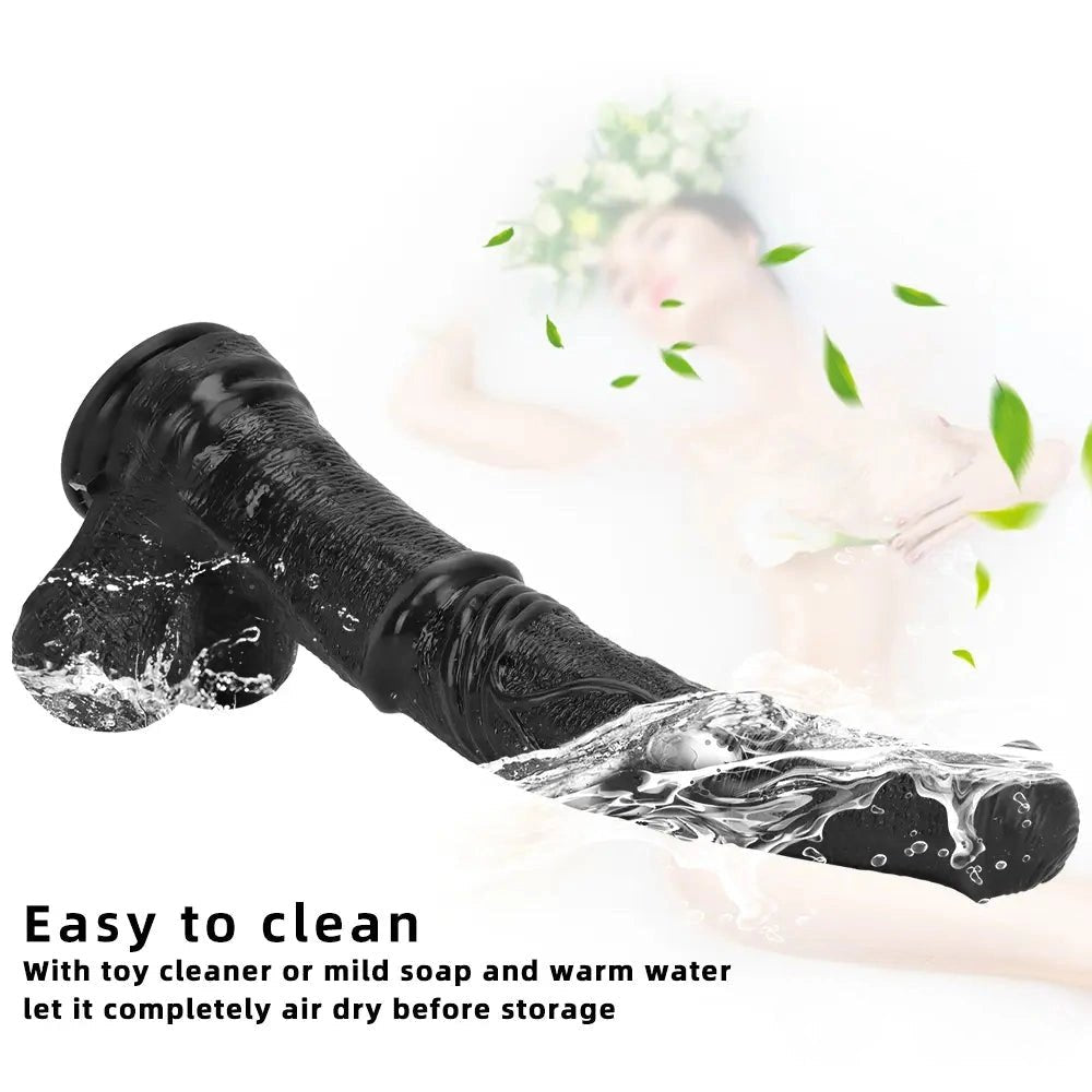 Curved Ribbed Black Dildo - Realistic PVC Dildo 14.7in