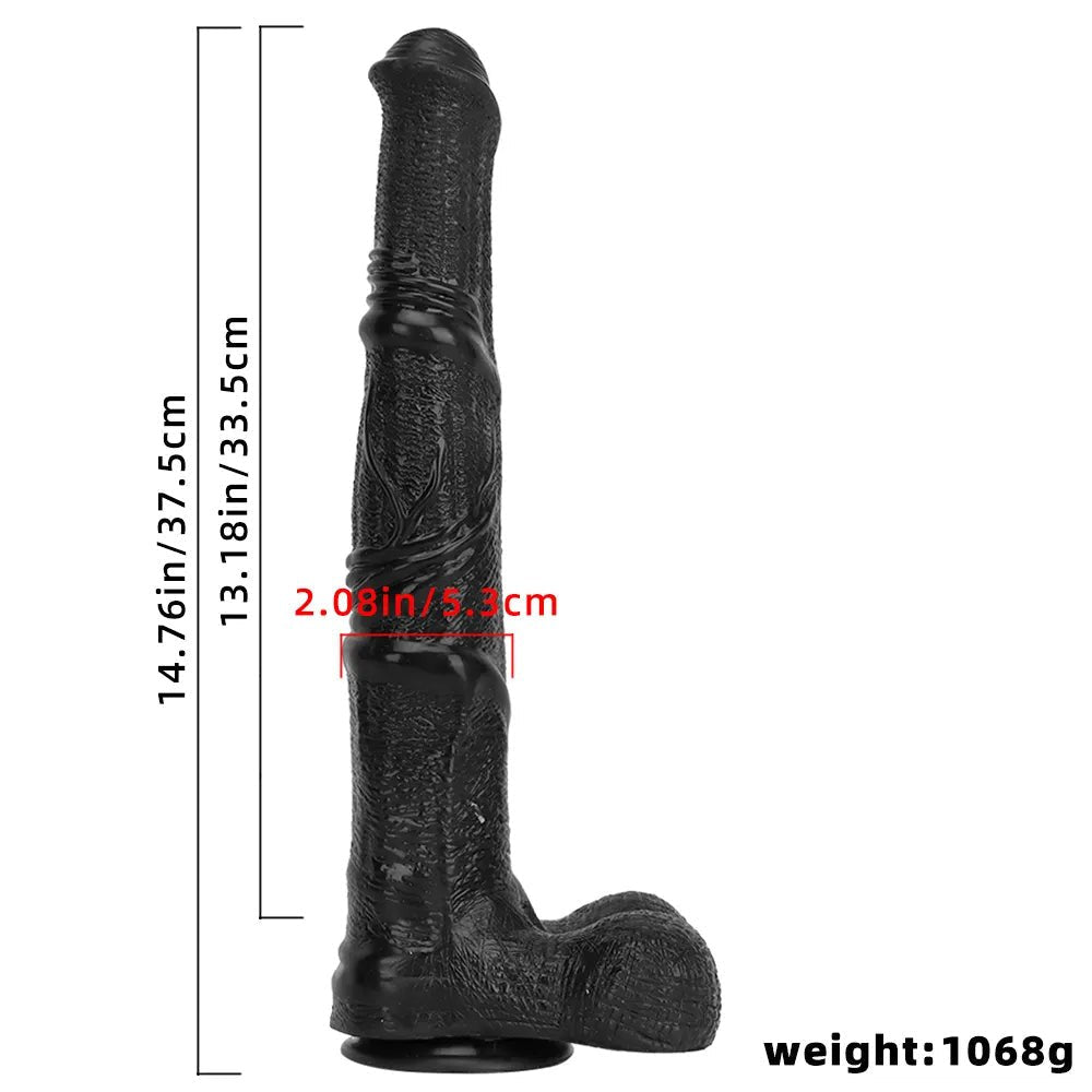 Curved Ribbed Black Dildo - Realistic PVC Dildo 14.7in