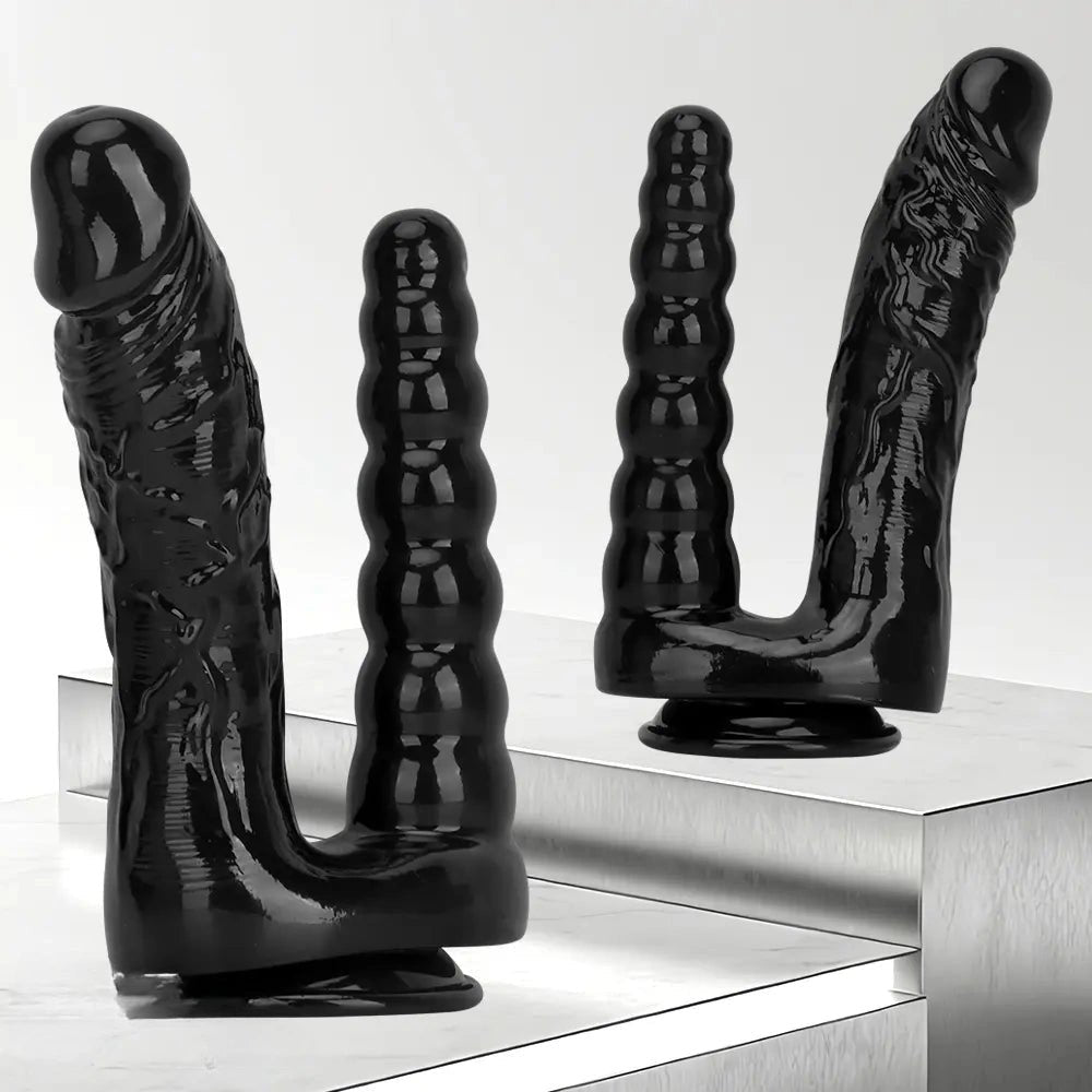 Black Dual Shaft Suction Dildo - PVC Suction Cup Dildo
