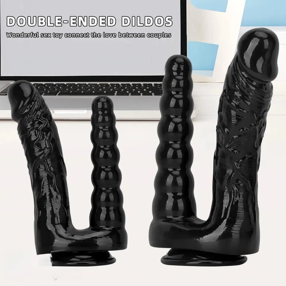 Black Dual Shaft Suction Dildo - PVC Suction Cup Dildo