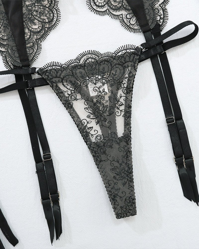 Embroidered Lace Garter Belt Set - Garter Lingerie Set