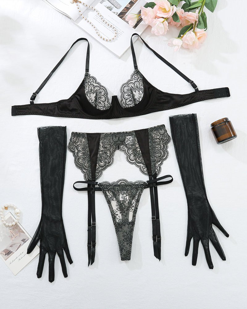 Embroidered Lace Garter Belt Set - Garter Lingerie Set