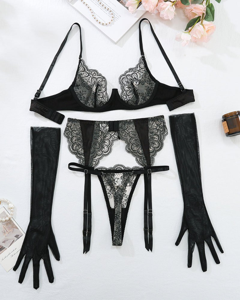 Embroidered Lace Garter Belt Set - Garter Lingerie Set