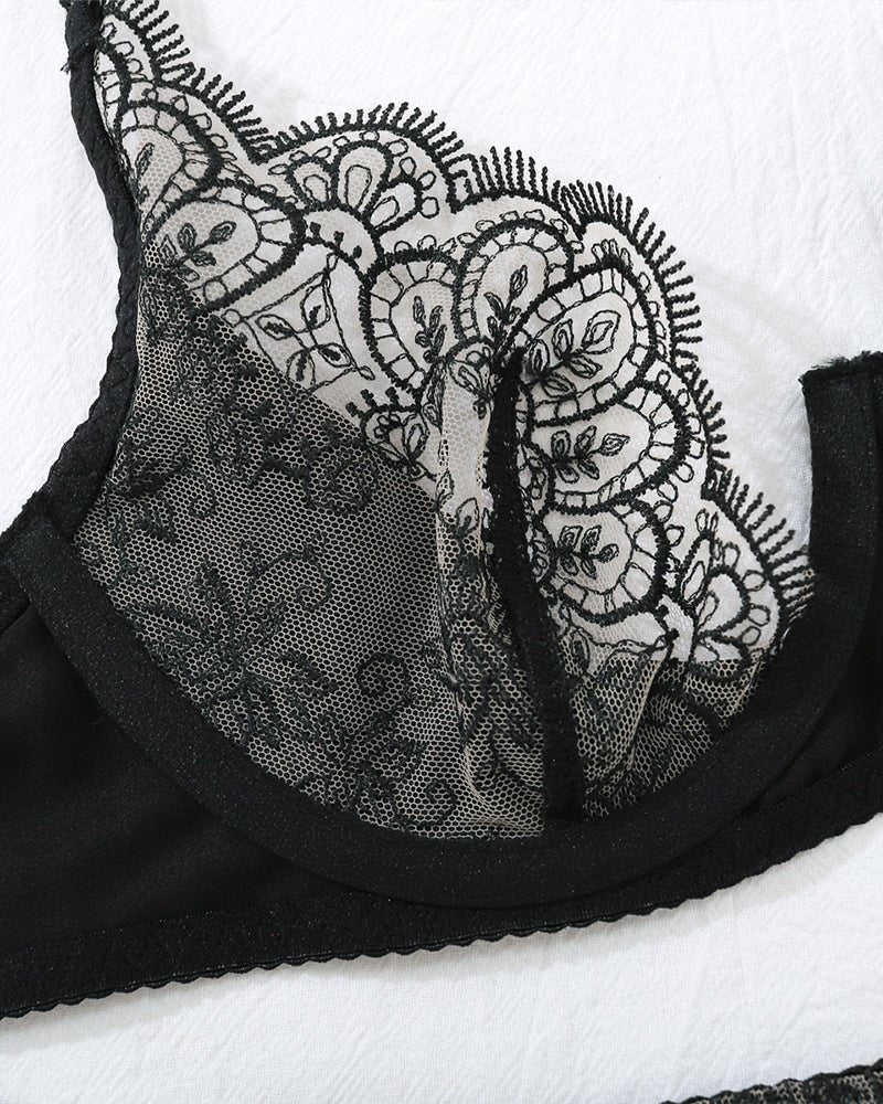 Embroidered Lace Garter Belt Set - Garter Lingerie Set