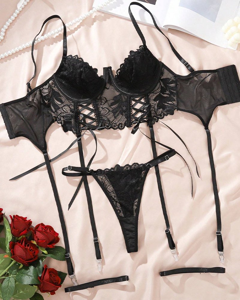 Lace-Up Corset Bra Set - Garter Lingerie Set