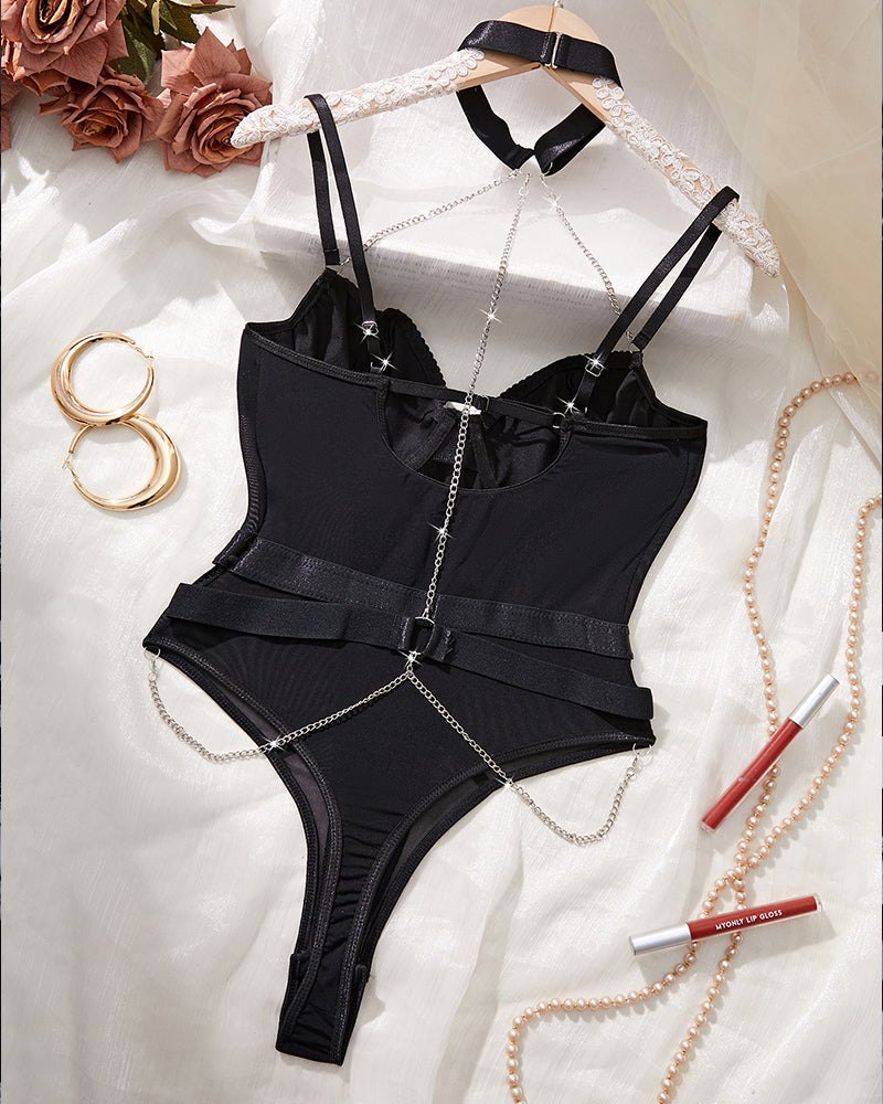 Leather Chain Strap Bodysuit - Lingerie Bodysuit for Women