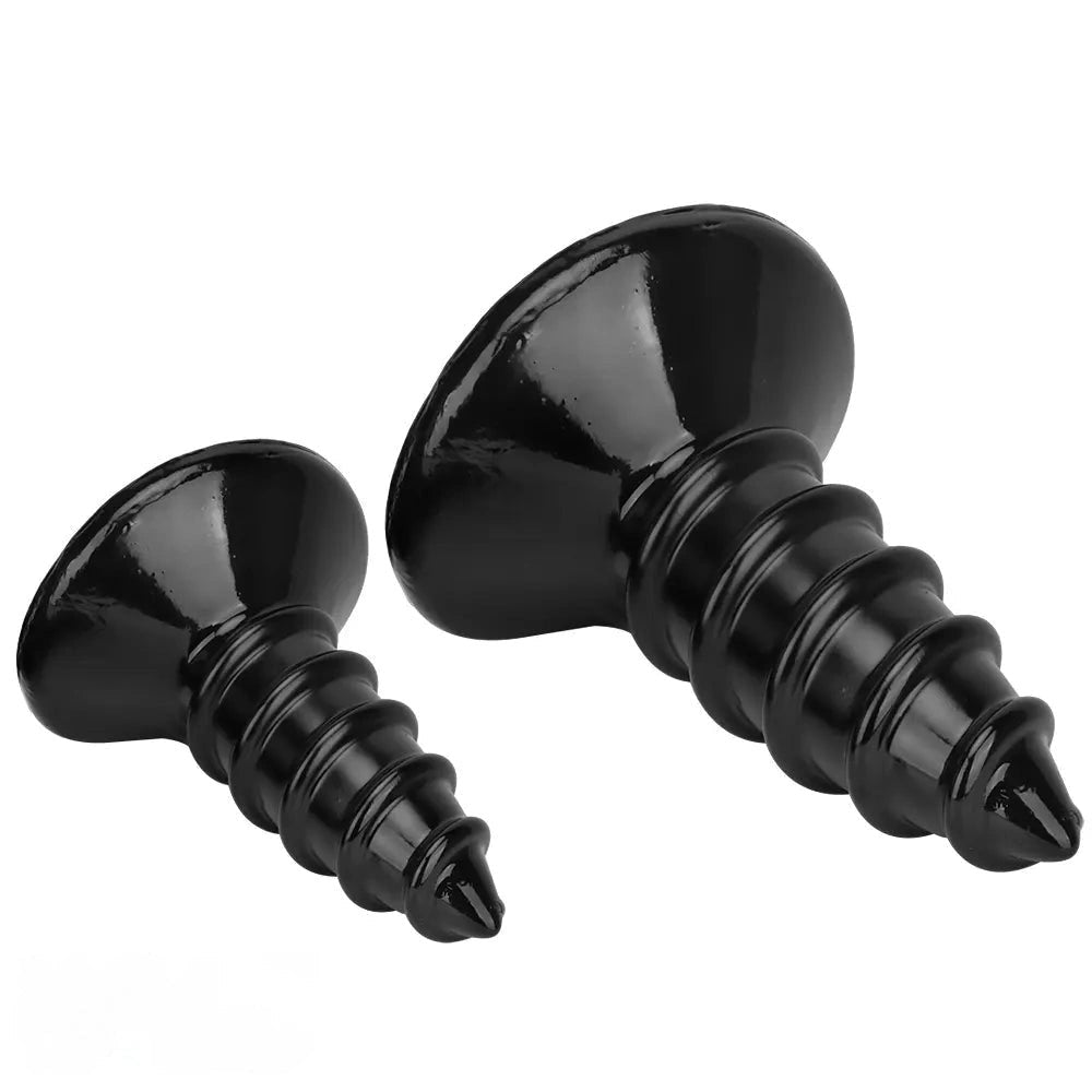 Black PVC Screw Anal Plug - Ribbed Butt Plug, S and L