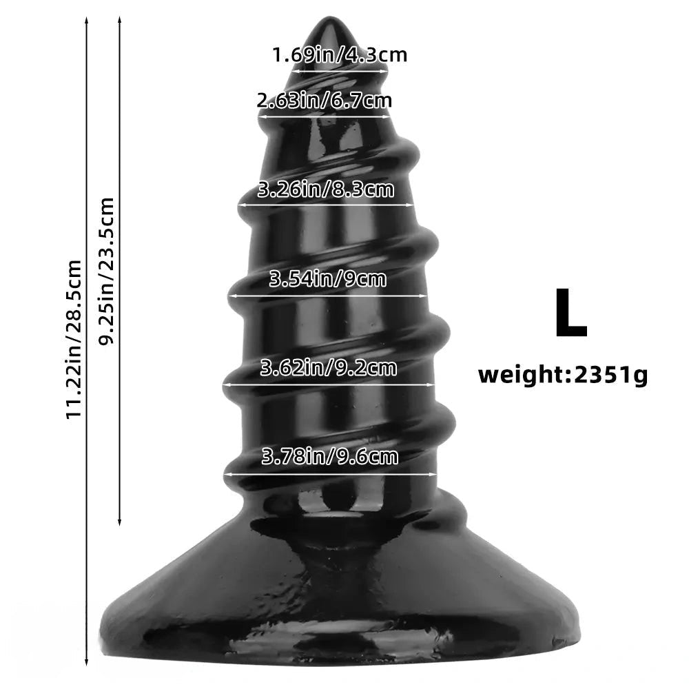 Black PVC Screw Anal Plug - Ribbed Butt Plug, S and L