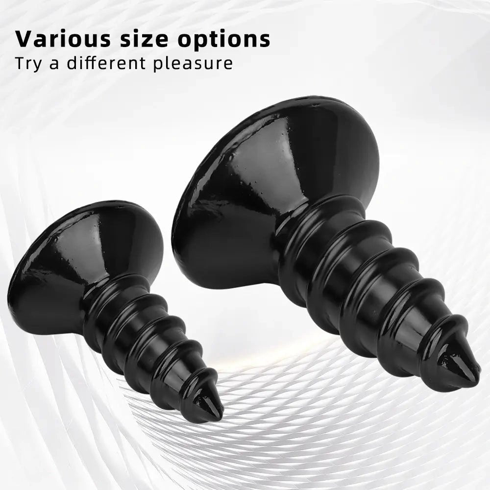 Black PVC Screw Anal Plug - Ribbed Butt Plug, S and L