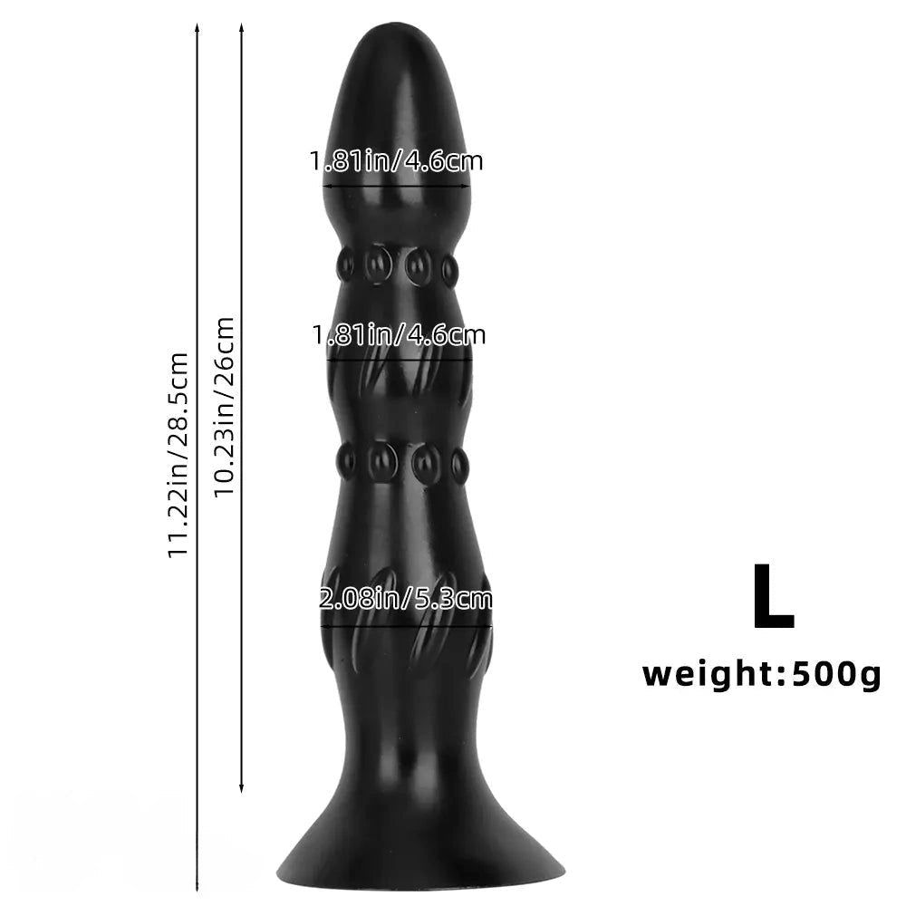 Black Ribbed Anal Probe - Beaded PVC Anal Dildo