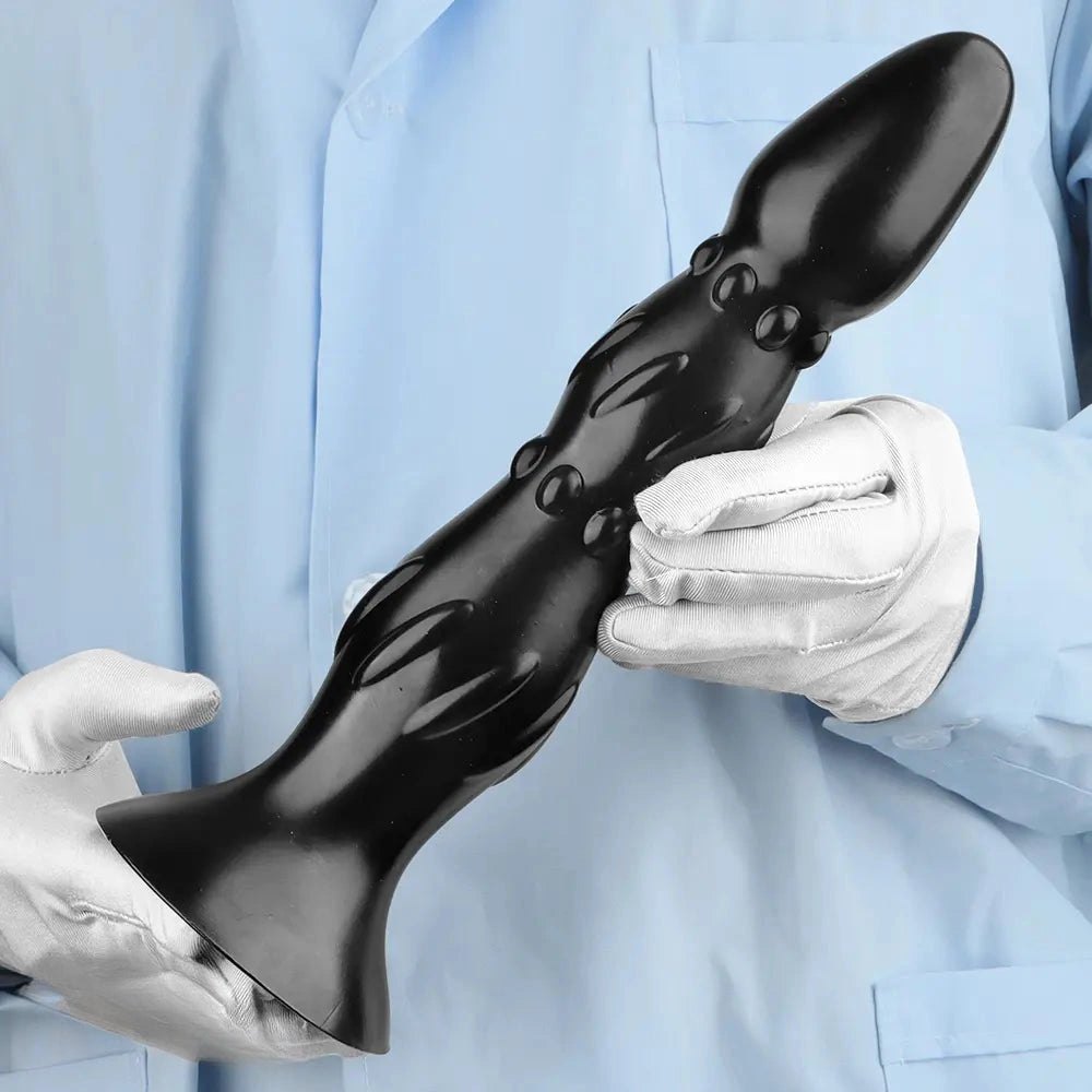 Black Ribbed Anal Probe - Beaded PVC Anal Dildo