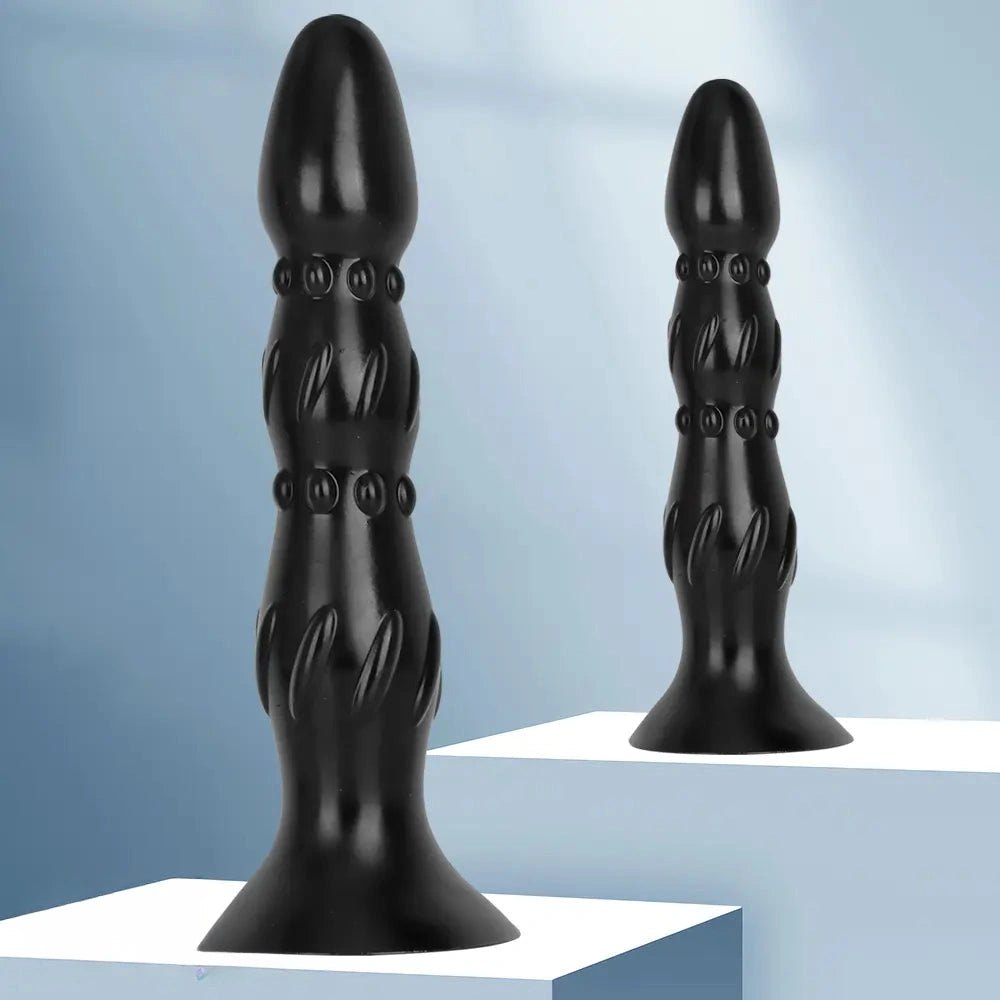 Black Ribbed Anal Probe - Beaded PVC Anal Dildo