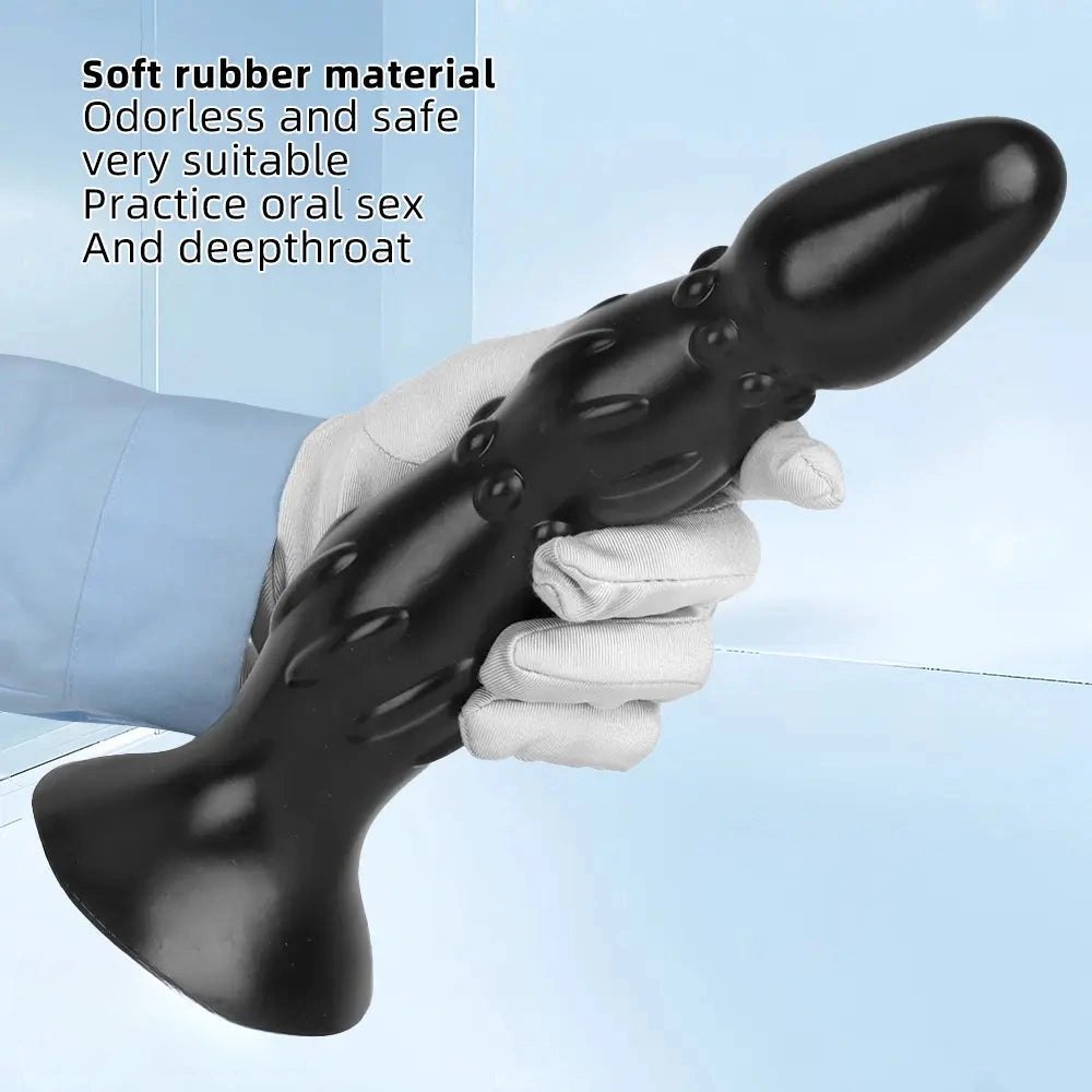 Black Ribbed Anal Probe - Beaded PVC Anal Dildo