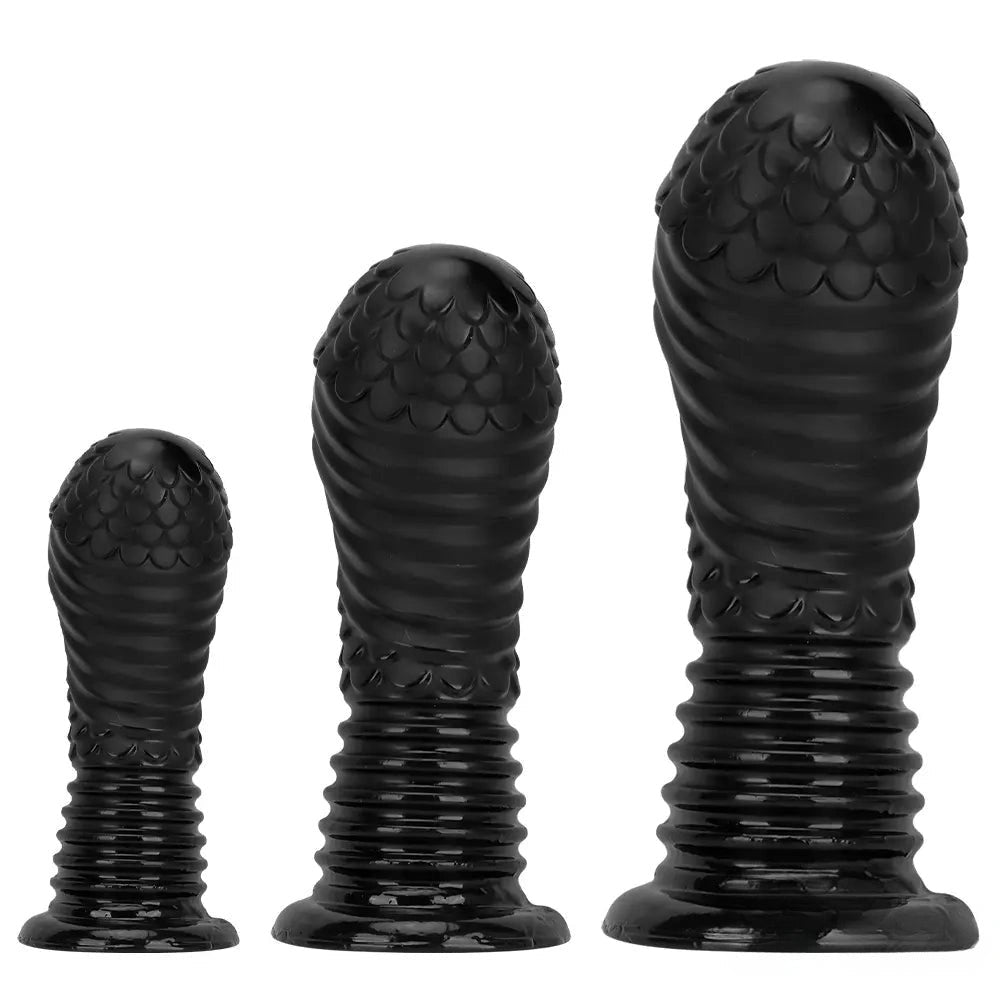 Black Ribbed Fantasy Plug Dildo - Large PVC Fantasy Dildo