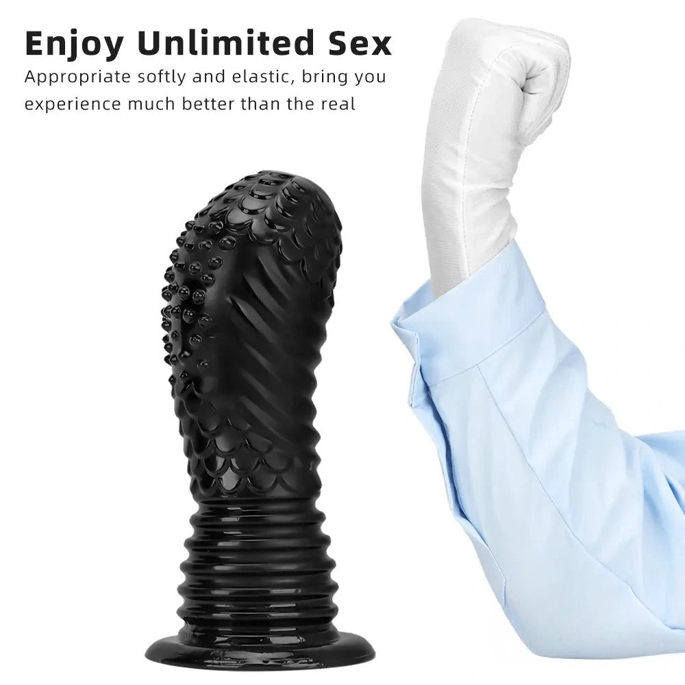 Black Ribbed Fantasy Plug Dildo - Large PVC Fantasy Dildo
