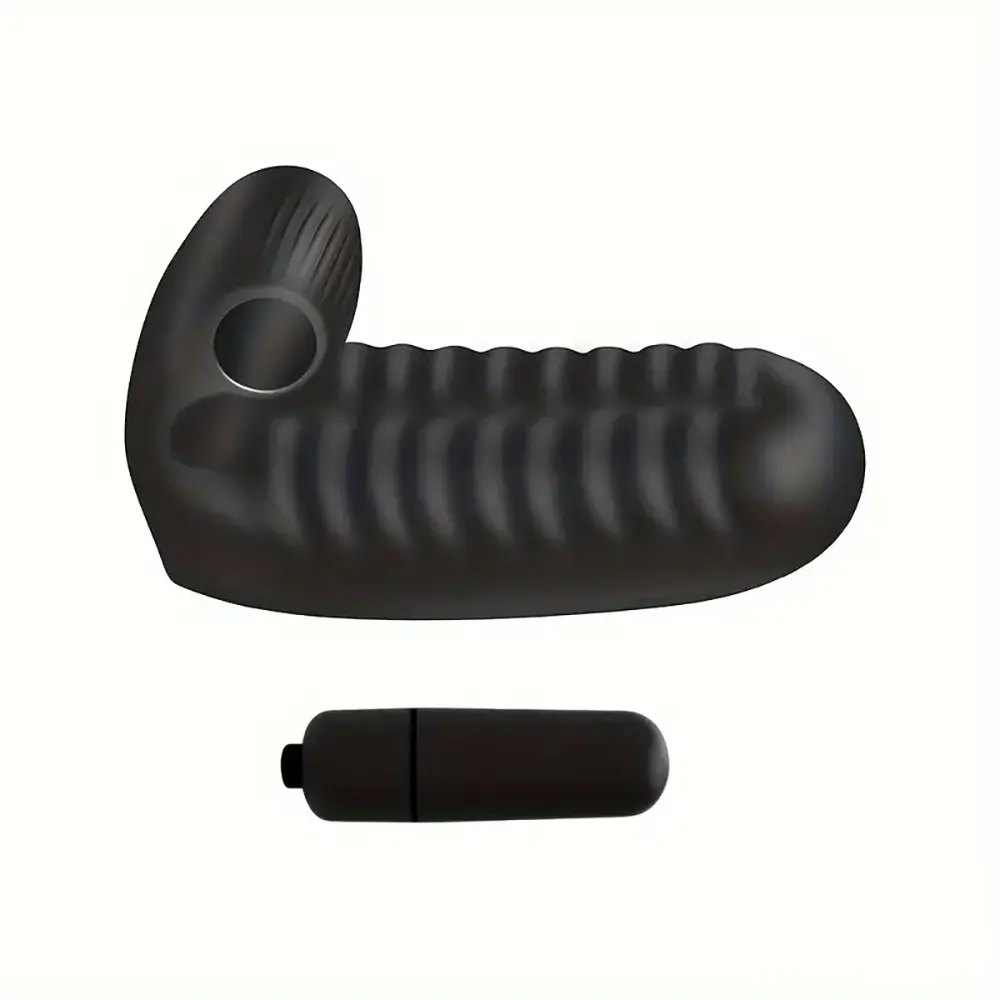 Black Finger Vibrator With Bullet - Ribbed Clit Stimulator