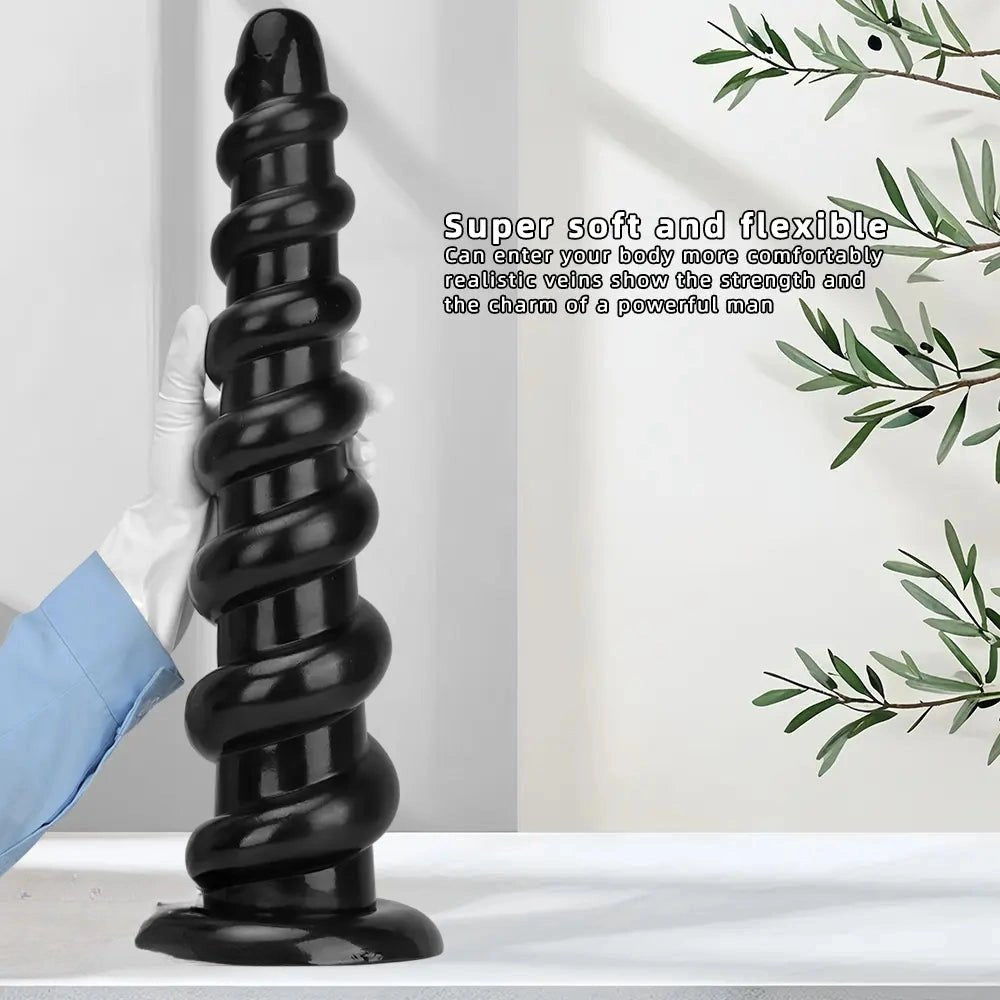 Black Ribbed Long Thick Dildo - Large Thick PVC Dildo