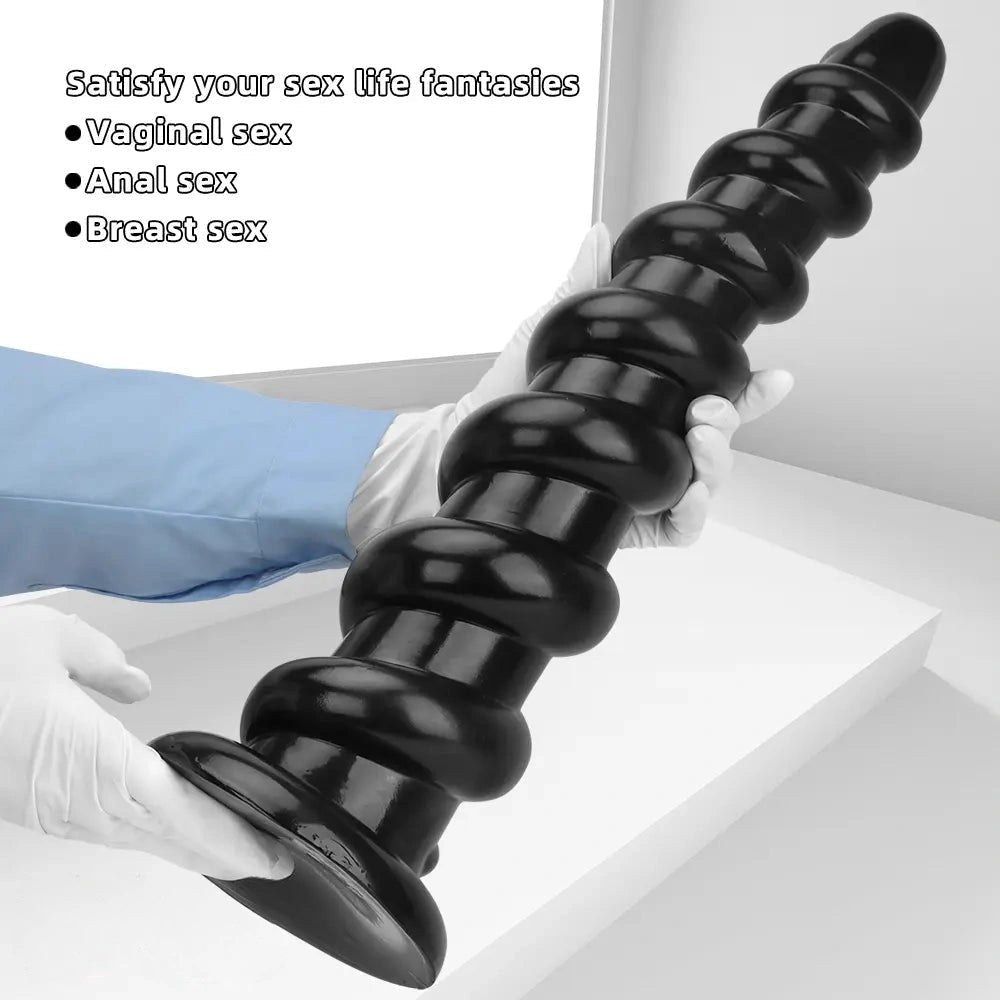 Black Ribbed Long Thick Dildo - Large Thick PVC Dildo