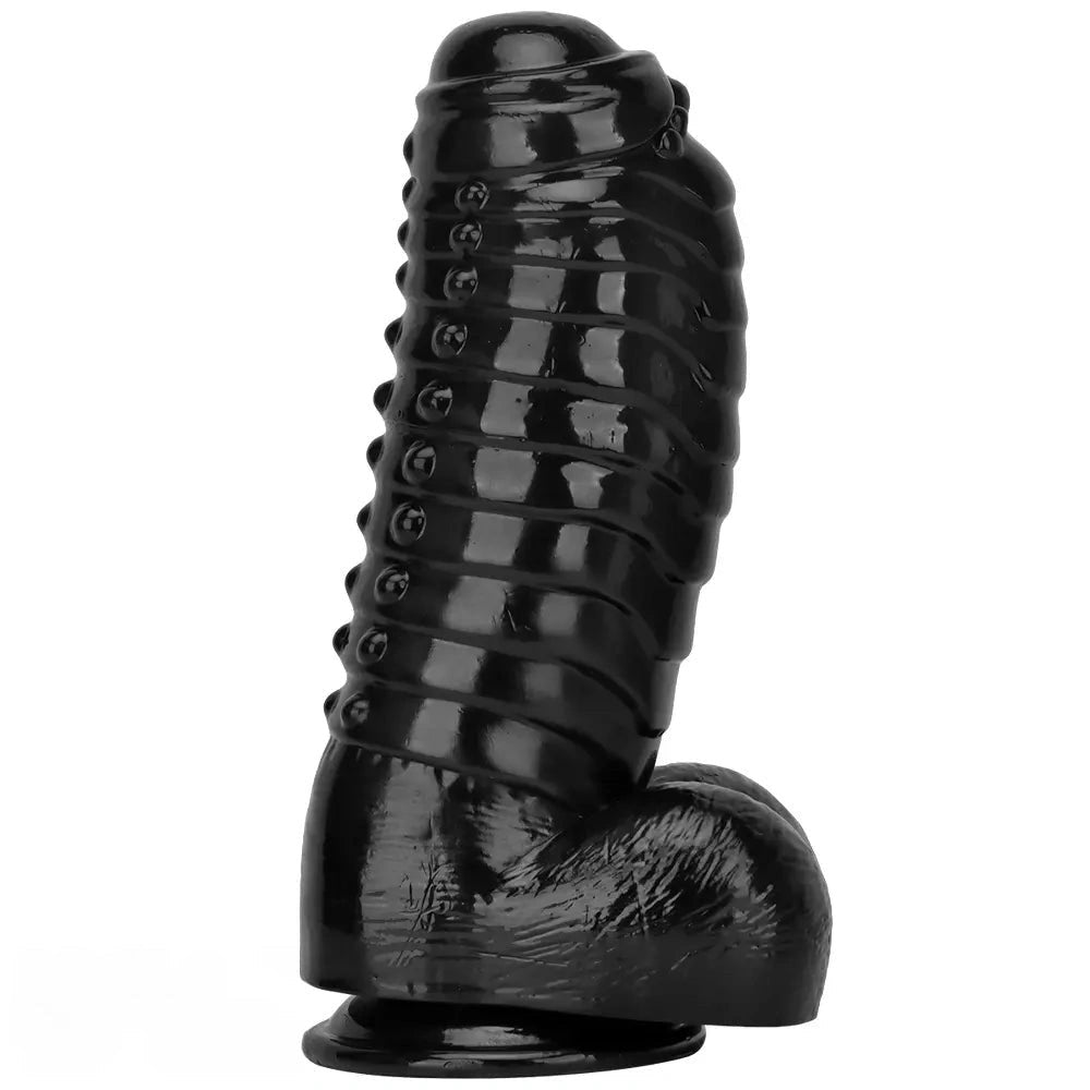 Black Ribbed PVC Giant Dildo - Thick Textured Big Dildo