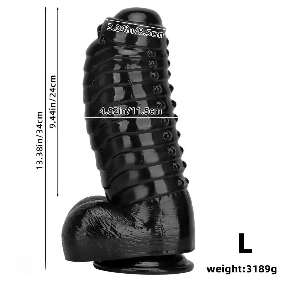 Black Ribbed PVC Giant Dildo - Thick Textured Big Dildo