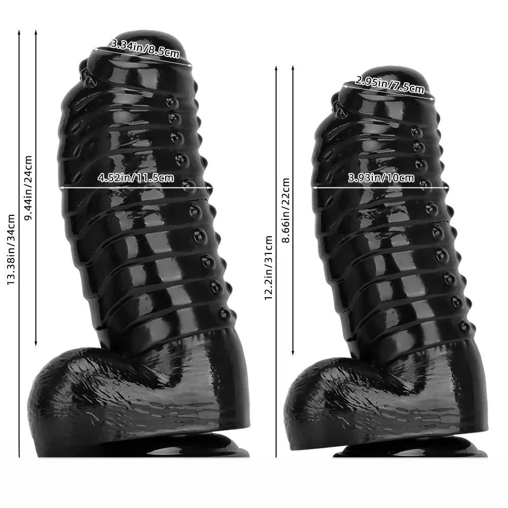 Black Ribbed PVC Giant Dildo - Thick Textured Big Dildo