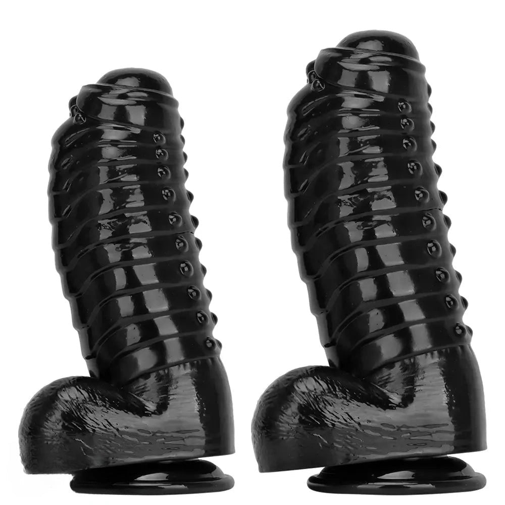 Black Ribbed PVC Giant Dildo - Thick Textured Big Dildo