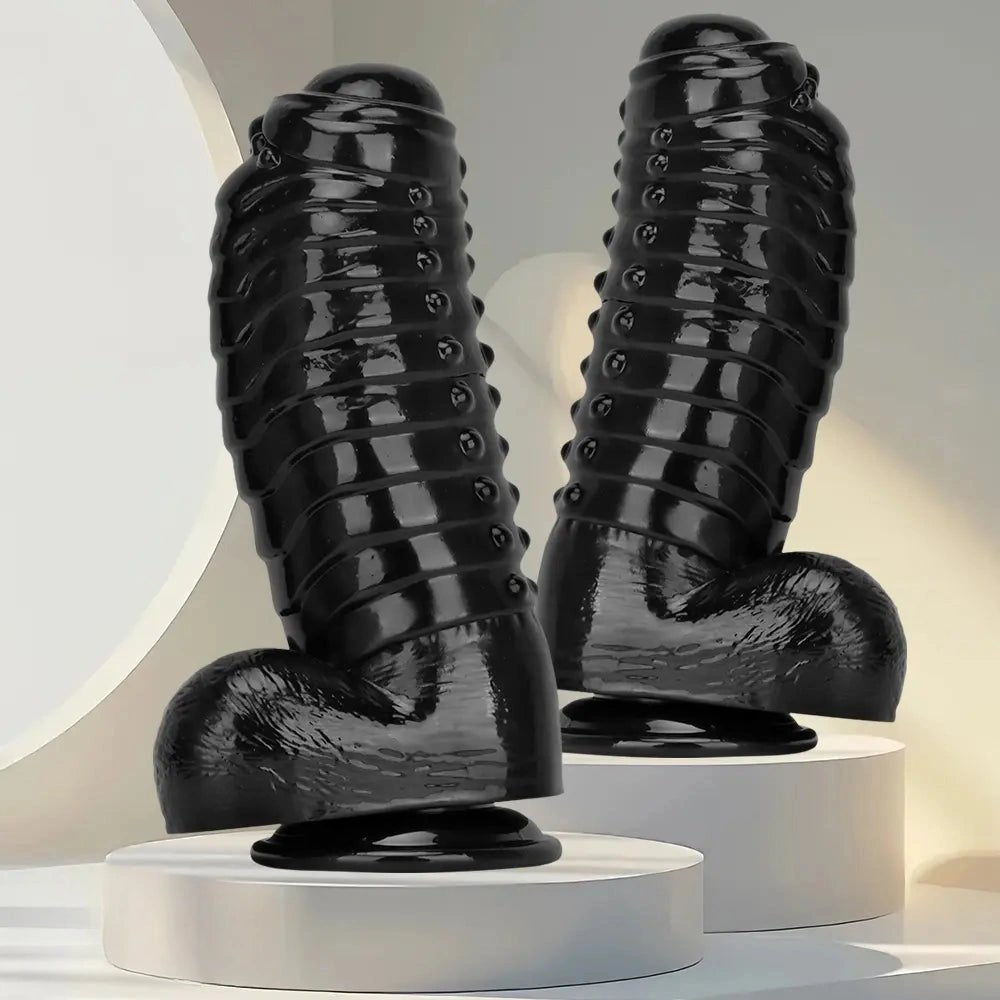 Black Ribbed PVC Giant Dildo - Thick Textured Big Dildo