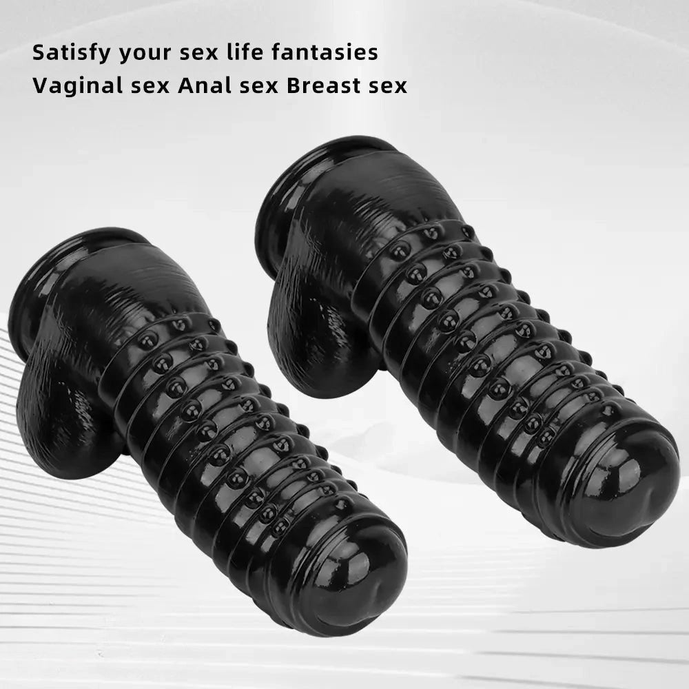 Black Ribbed PVC Giant Dildo - Thick Textured Big Dildo