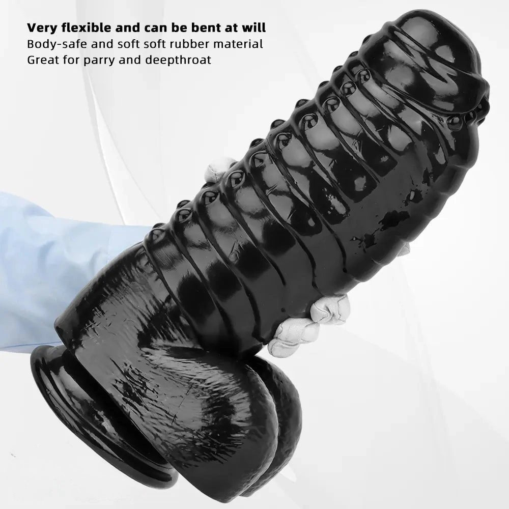 Black Ribbed PVC Giant Dildo - Thick Textured Big Dildo