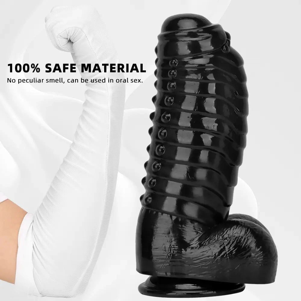 Black Ribbed PVC Giant Dildo - Thick Textured Big Dildo
