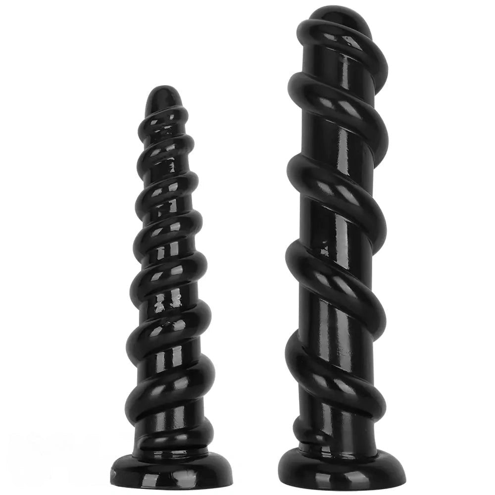 Black Spiral PVC Anal Dildo - Ribbed PVC Anal Play Dildo