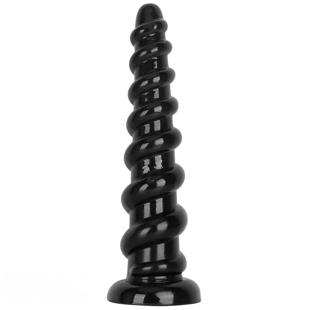 Black Spiral PVC Anal Dildo - Ribbed PVC Anal Play Dildo