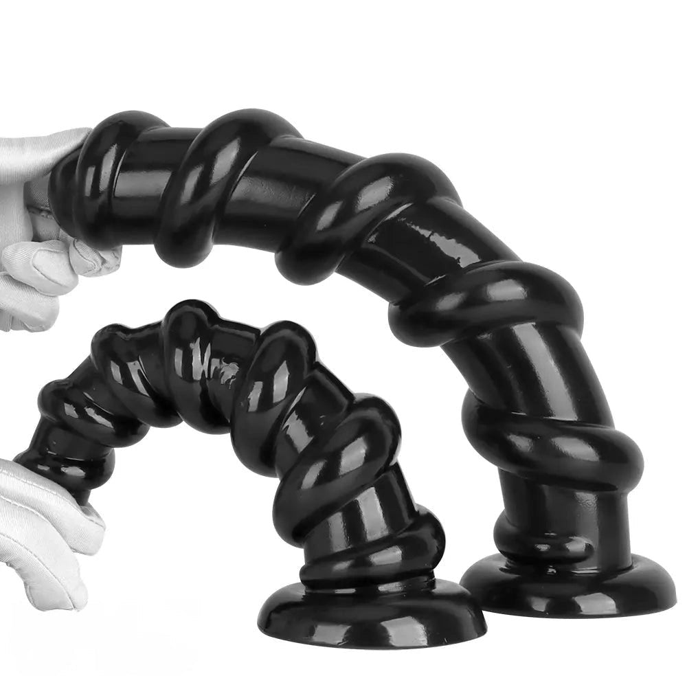 Black Spiral PVC Anal Dildo - Ribbed PVC Anal Play Dildo