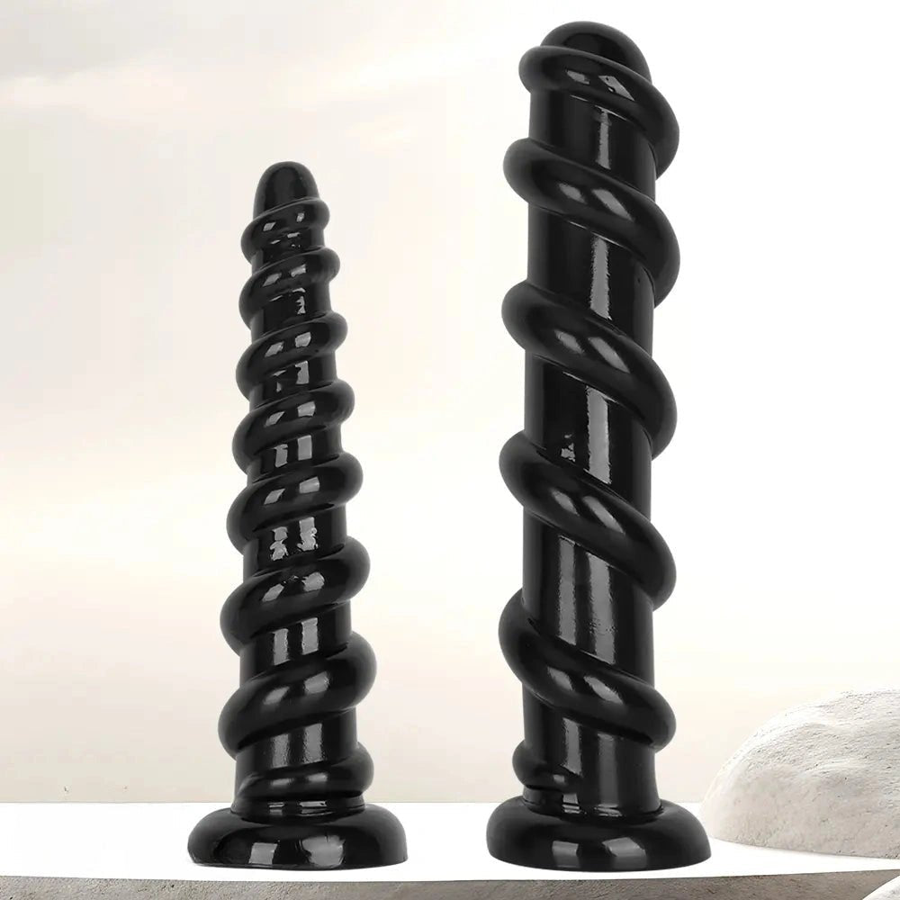 Black Spiral PVC Anal Dildo - Ribbed PVC Anal Play Dildo