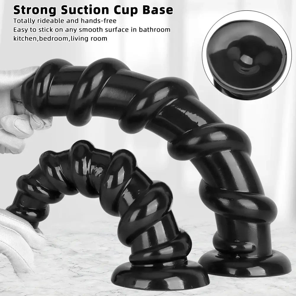 Black Spiral PVC Anal Dildo - Ribbed PVC Anal Play Dildo