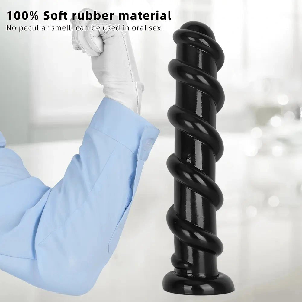 Black Spiral PVC Anal Dildo - Ribbed PVC Anal Play Dildo