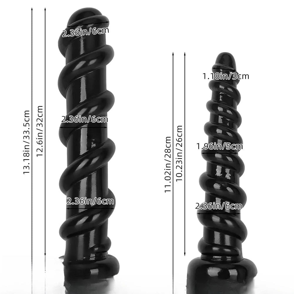 Black Spiral PVC Anal Dildo - Ribbed PVC Anal Play Dildo