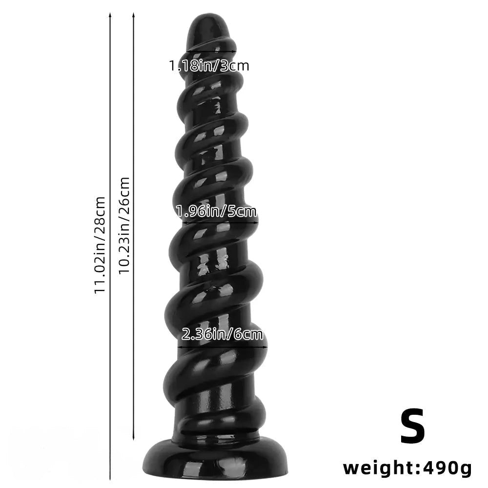 Black Spiral PVC Anal Dildo - Ribbed PVC Anal Play Dildo