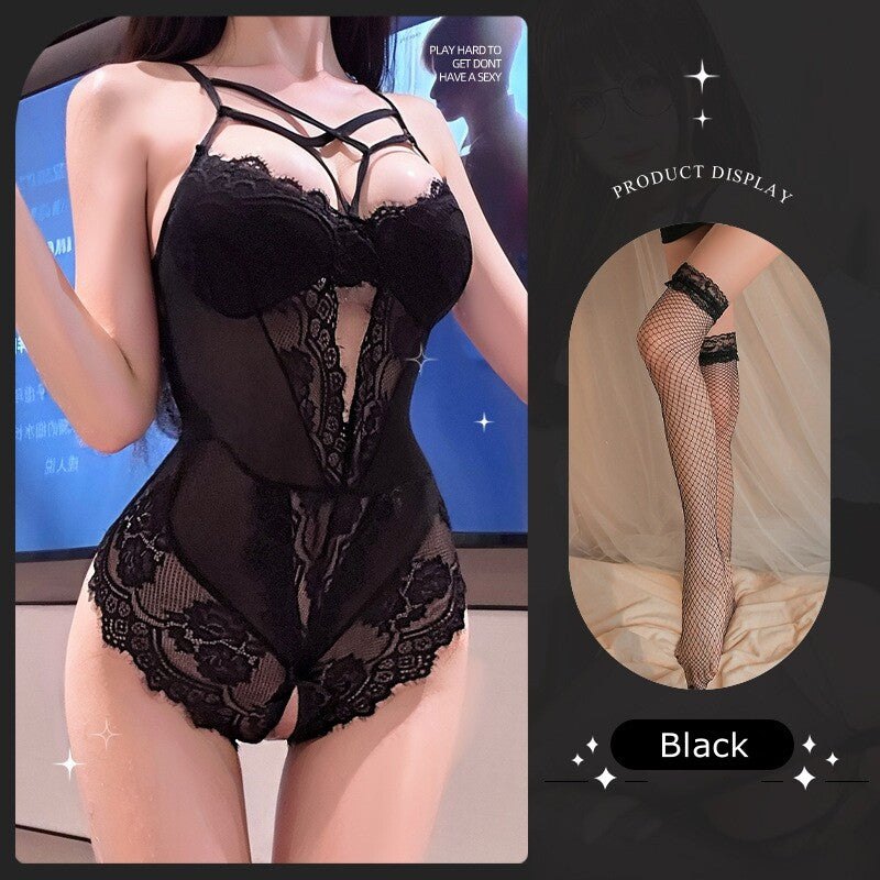 Black Strappy Mesh Lace Bodysuit - Sheer Lace Lingerie