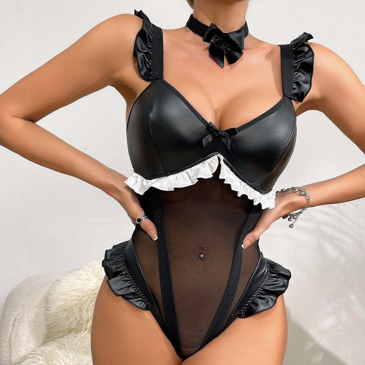 Bow Accent Leather Mesh Bodysuit - Lingerie Bodysuit for Women