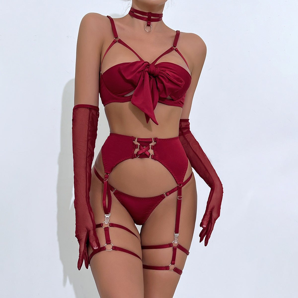 Bow Cutout Four-Piece Lingerie - Bra and Panty Set
