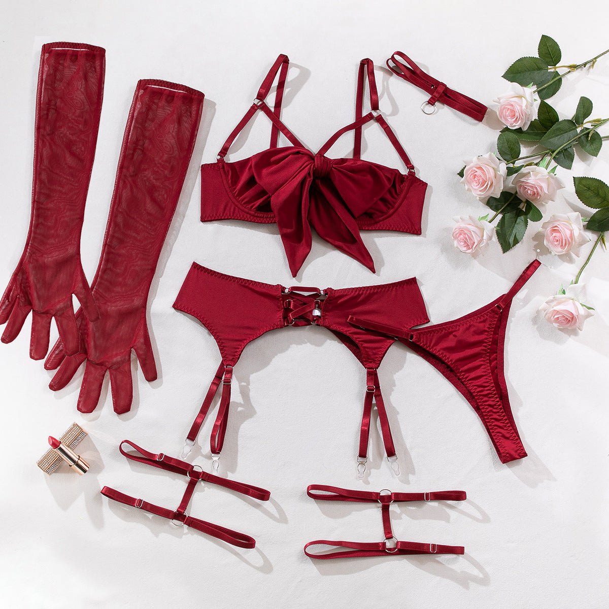 Bow Cutout Four-Piece Lingerie - Bra and Panty Set