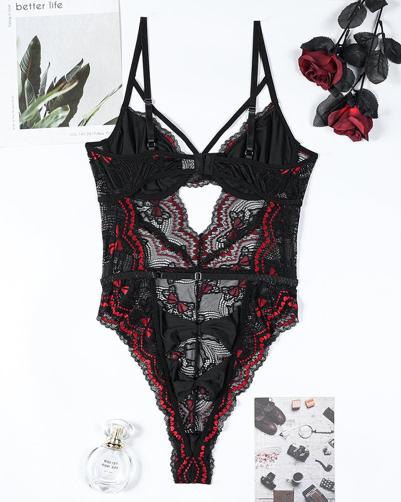 Bow Embroidery Cutout Lace Bodysuit - Lingerie Bodysuit for Women